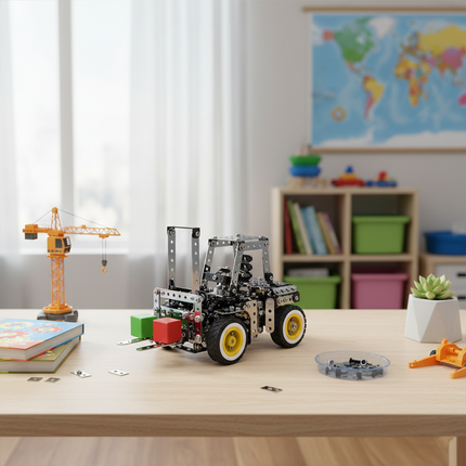 his Mechanical Forklift 3D Metal Puzzle Kit from Table Funny features an interlocking metal part design with yellow-and-white-accented wheels, replicating the structure of a mechanically textured forklift.Table Funny specializes in creating interactive, screen-free build-and-play kits that merge mechanical engineering aesthetics with realistic forklift designs