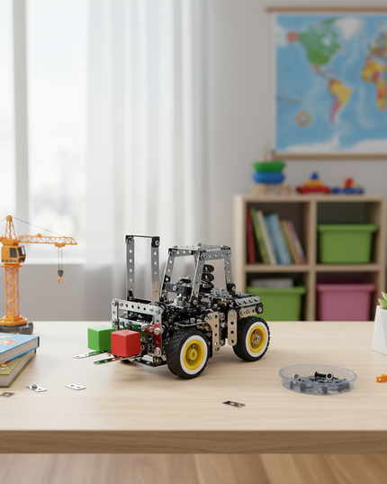 his Mechanical Forklift 3D Metal Puzzle Kit from Table Funny features an interlocking metal part design with yellow-and-white-accented wheels, replicating the structure of a mechanically textured forklift.Table Funny specializes in creating interactive, screen-free build-and-play kits that merge mechanical engineering aesthetics with realistic forklift designs