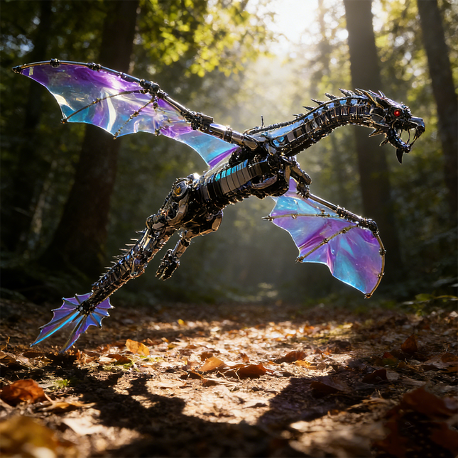 A majestic steampunk mech dragon maquette en metal with iridescent blue-purple wings and glowing red eyes, captured mid-flight in a sun-dappled forest. This impressive 3D metal model kit offers a captivating steampunk puzzle.