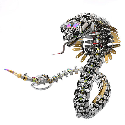  Full view of the mechanical metal snake model kit on a white background, showcasing its metallic sheen and intricate details.