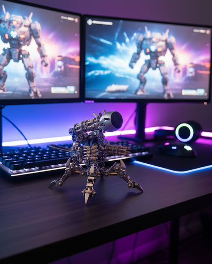 The Sci-Fi Style DIY Metal Model Magnet Hunter, a unique 3D assembly metal kit, sits atop a gaming-themed desk featuring dual monitors displaying robot games.