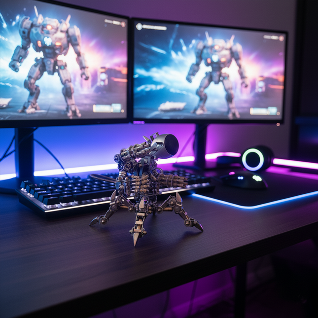 The Sci-Fi Style DIY Metal Model Magnet Hunter, a unique 3D assembly metal kit, sits atop a gaming-themed desk featuring dual monitors displaying robot games.