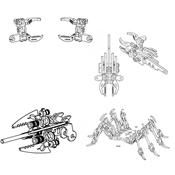 Schematic drawings for a 3D metal mechanical puzzle, showing parts for an insect or spider-like creature. This metal model kit offers a challenging assembly