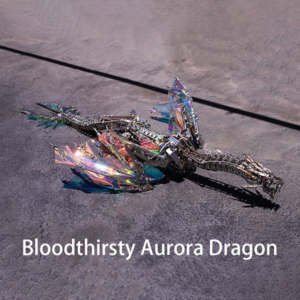 DIY 3D puzzle Metal Kits - "Bloodthirsty Aurora Dragon" finished metal model: Iridescent holographic wings, intricate gear & skeleton structure, assembled from precision 3D puzzle metal parts