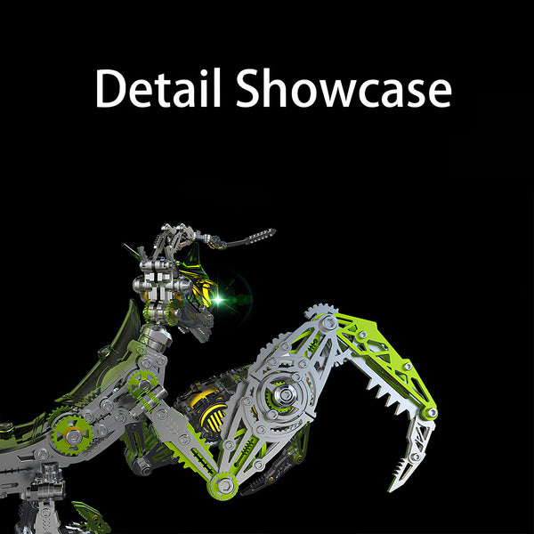 A "Detail Showcase" close-up of the intricate head and formidable claw of the "Biomimetic Green" Mecho-Mantis, a high-quality Metal Kit 3D puzzle, perfect for a challenging DIY project and a funny table display.