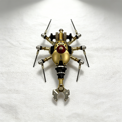  Overhead shot of a mechanical steampunk beetle metal model on a white textured background, showcasing its symmetrical steampunk puzzle construction, a detailed 3D puzzle from metal kits.