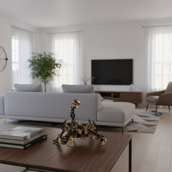 A golden and black mechanical scorpion, a sophisticated metal model kit, displayed elegantly on a coffee table in a modern living room. This metallic 3D puzzle serves as a stylish decorative piece.