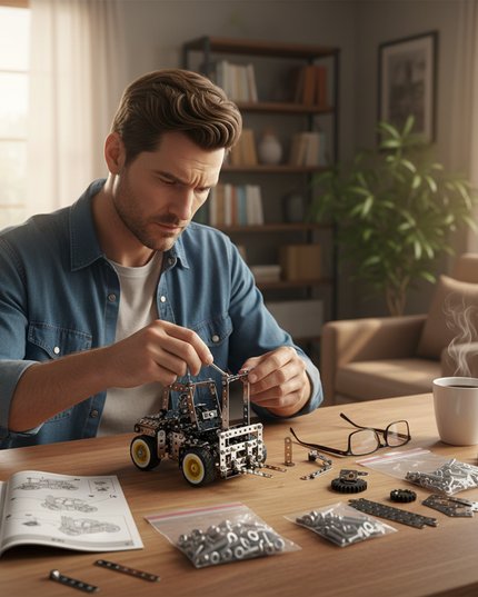 This Mechanical Vehicle (such as an engineering vehicle - type) 3D Metal Puzzle Kit from Table Funny features an interlocking metal part design with yellow-and-black-accented wheels, replicating the structure of a mechanically textured vehicle.Table Funny specializes in creating interactive, screen-free build-and-play kits that merge mechanical engineering aesthetics with realistic engineering vehicle designs