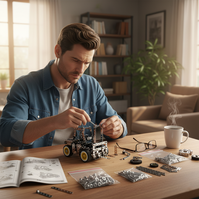 This Mechanical Vehicle (such as an engineering vehicle - type) 3D Metal Puzzle Kit from Table Funny features an interlocking metal part design with yellow-and-black-accented wheels, replicating the structure of a mechanically textured vehicle.Table Funny specializes in creating interactive, screen-free build-and-play kits that merge mechanical engineering aesthetics with realistic engineering vehicle designs