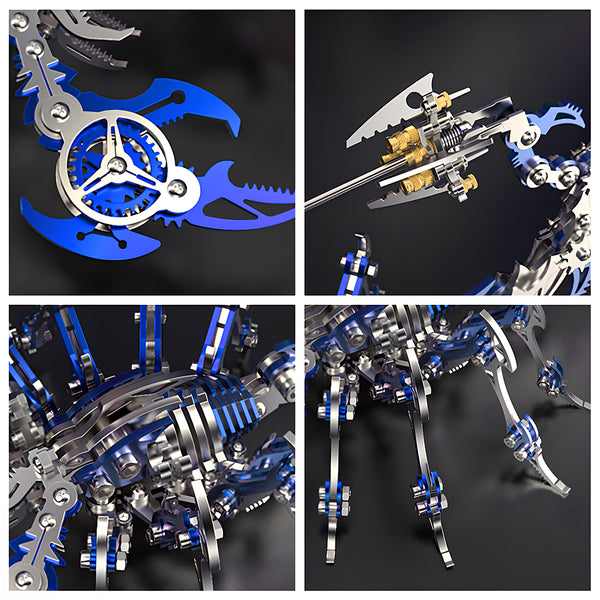 Collage view of the green mechanical scorpion **metal model kit**, featuring close-ups of the legs, gear claws, and stinger weapon of this **puzzle mécanique métal**.