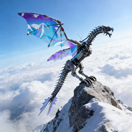 A magnificent steampunk mech dragon maquette en metal with iridescent blue-purple wings and glowing red eyes, perched atop a snow-capped mountain peak amidst clouds. This epic 3D metal model kit presents a breathtaking steampunk puzzle.