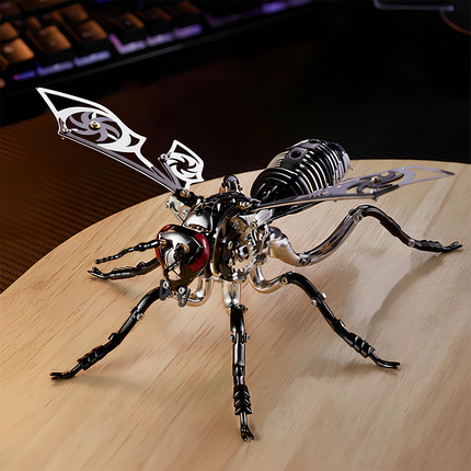 This Mechanical Wasp 3D Puzzle Metal Kit features a sleek black-and-silver design with intricate mechanical details and ornate wing patterns. Placed on a wooden surface, the finished product, with its vivid structural details and realistic pose, serves as a striking focal point for your desk or funny table. Blending insect aesthetics with industrial art, it’s perfect for steampunk lovers and puzzle enthusiasts, adding a unique mechanical and visual charm to your space.