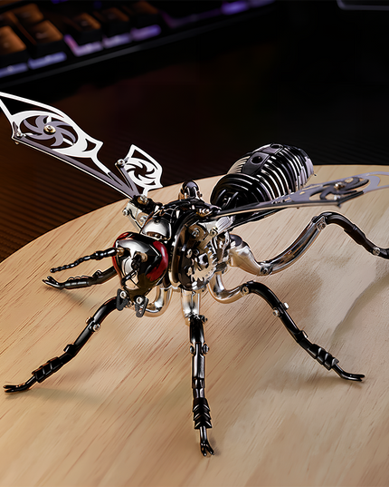 This Mechanical Wasp 3D Puzzle Metal Kit features a sleek black-and-silver design with intricate mechanical details and ornate wing patterns. Placed on a wooden surface, the finished product, with its vivid structural details and realistic pose, serves as a striking focal point for your desk or funny table. Blending insect aesthetics with industrial art, it’s perfect for steampunk lovers and puzzle enthusiasts, adding a unique mechanical and visual charm to your space.