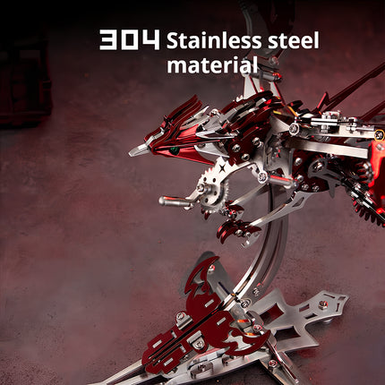 A striking red mechanical dragon, crafted from "304 Stainless steel material," showcased as a detailed metal model kit. This metallic 3D puzzle highlights premium construction.