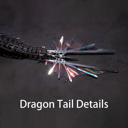 Dragon Tail Details: Stunning iridescent tail fin (shifting rainbow hues in light, sleek metallic support spokes, precision-interlocked joint mechanisms) paired with a rugged mechanical tail frame — this exquisitely crafted 3D puzzle metal section blends whimsical color-shifting aesthetics with robust engineering, making it a visually striking focal point.