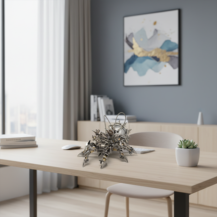  Decorative DIY Metal Model Mechanical Tarantula, a unique 3D assembly metal kit, adorns modern desks with its intricate structure and metallic sheen.