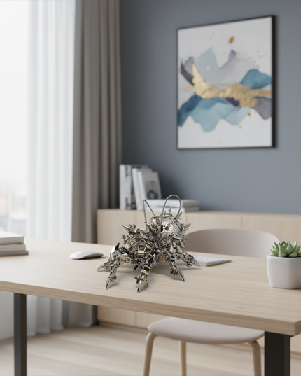  Decorative DIY Metal Model Mechanical Tarantula, a unique 3D assembly metal kit, adorns modern desks with its intricate structure and metallic sheen.