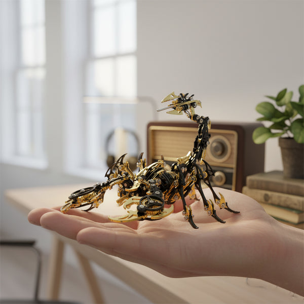  A golden and black mechanical scorpion, an intricate metal model kit, held delicately in a hand, showcasing its compact size as a desktop metallic 3D puzzle.
