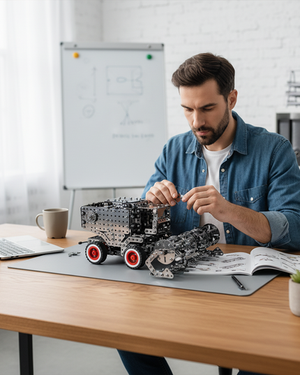 This Mechanical Harvester 3D Metal Puzzle Kit from Table Funny features an interlocking metal part design with red-and-white-accented wheels, replicating the structure of a mechanically textured harvester.Table Funny specializes in creating interactive, screen-free build-and-play kits that merge mechanical engineering aesthetics with realistic harvester designs.