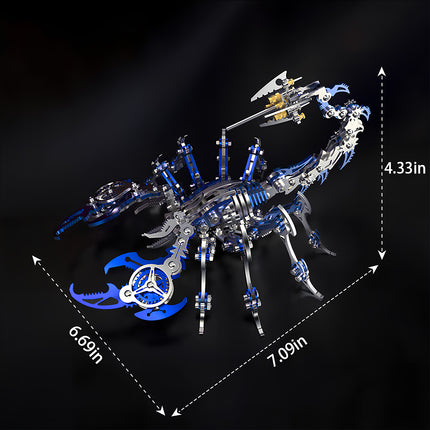 Size dimensions for the blue mechanical scorpion **metal model kit** (7.09in x 6.69in x 4.33in), showing the scale of this complex **puzzle mécanique métal**.