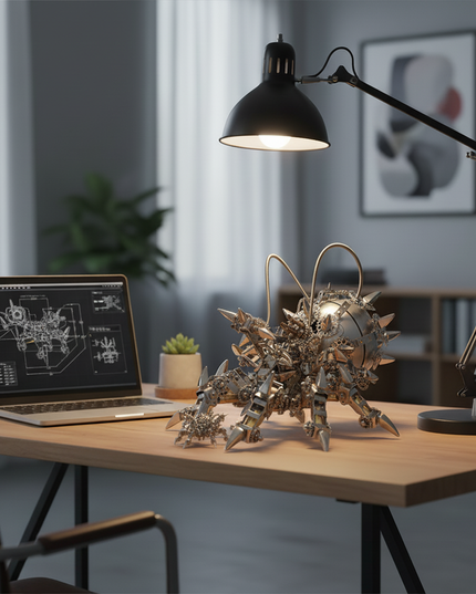  Intricate DIY metal model insect sculpture, a challenging 3D puzzle metal kit, positioned on a minimalist funny table beside a laptop displaying blueprints.