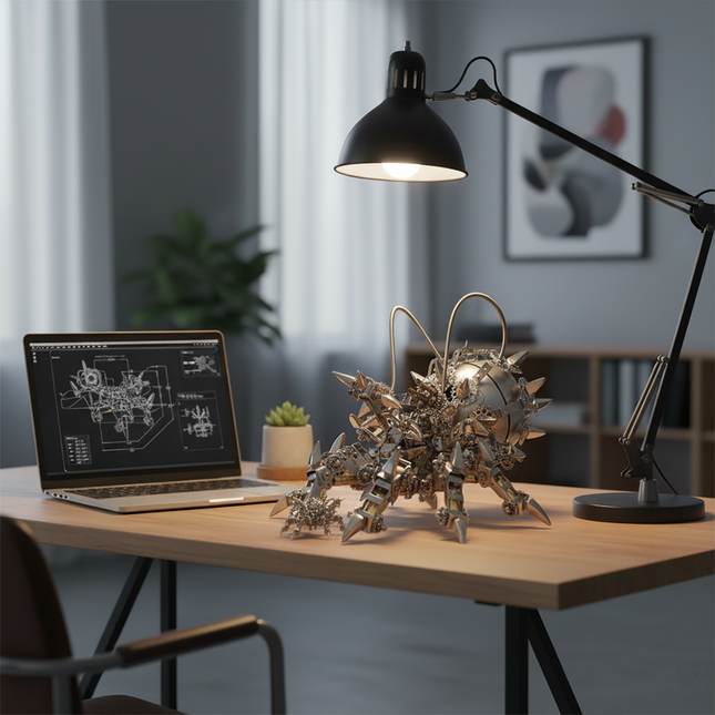  Intricate DIY metal model insect sculpture, a challenging 3D puzzle metal kit, positioned on a minimalist funny table beside a laptop displaying blueprints.