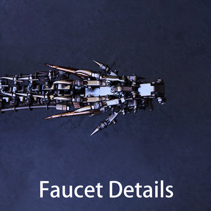 Faucet Details: Intricately assembled mechanical segment (weathered brass-toned metallic components, sharply polished spiked accents, precision-interlocked joint structures) — this masterfully crafted 3D puzzle metal section blends rugged industrial charm with meticulous engineering, showcasing the high-precision artistry of metal assembly.