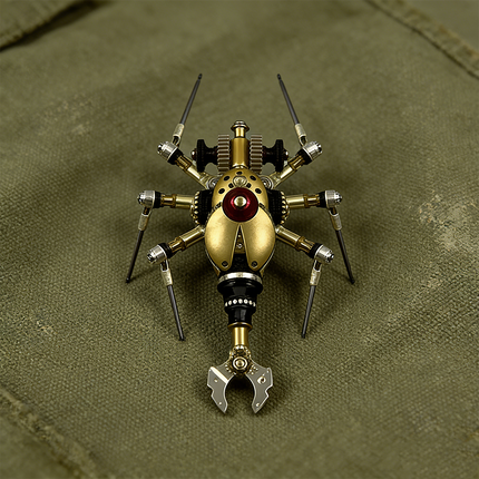  Mechanical steampunk beetle metal model on a green fabric surface, featuring a golden shell and intricate gears, a striking steampunk puzzle from 3D puzzle Metal Kits.