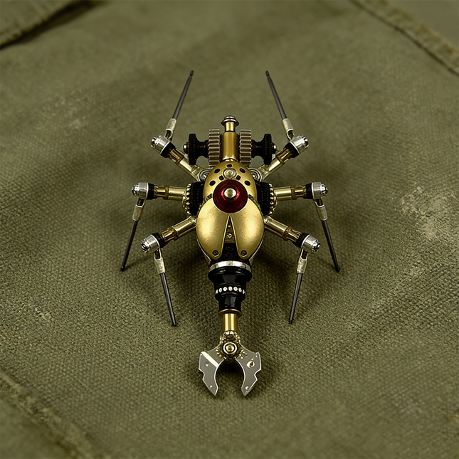  Mechanical steampunk beetle metal model on a green fabric surface, featuring a golden shell and intricate gears, a striking steampunk puzzle from 3D puzzle Metal Kits.