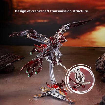A red mechanical phoenix metal model kit, highlighting its "Design of crankshaft transmission structure" for dynamic wing movement. This metallic 3D puzzle is an excellent example of mechanical engineering.
