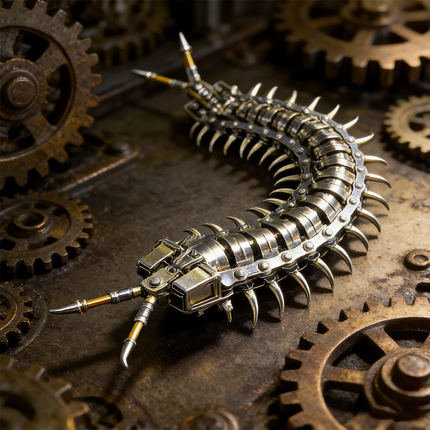 An intricately designed steampunk mech centipede maquette en metal with sharp spines and metallic segments, displayed on a weathered surface surrounded by various antique gears. This detailed 3D metal model kit offers a captivating steampunk puzzle for mechanical enthusiasts.