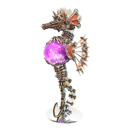 Steampunk Mechanical Seahorse 3D Metal Puzzle Artwork - A mesmerizing project for mechanics, steampunk lovers, and fantasy design enthusiasts, this creation presents a mechanical seahorse with metallic components, intricate gear-driven mechanisms, and futuristic-vintage styling, highlighted by a glowing purple orb and colorful mechanical details. It’s a statement-worthy art piece that merges aquatic inspiration, industrial artistry, and whimsical flair.