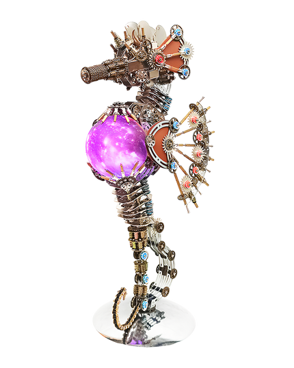 Steampunk Mechanical Seahorse 3D Metal Puzzle Artwork - A mesmerizing project for mechanics, steampunk lovers, and fantasy design enthusiasts, this creation presents a mechanical seahorse with metallic components, intricate gear-driven mechanisms, and futuristic-vintage styling, highlighted by a glowing purple orb and colorful mechanical details. It’s a statement-worthy art piece that merges aquatic inspiration, industrial artistry, and whimsical flair.