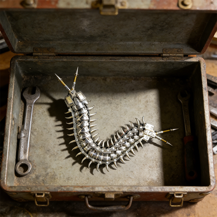  A unique steampunk mech centipede maquette en metal with sharp spikes and intricate segments, displayed inside an open metal toolbox with wrenches. This distinctive 3D metal model kit offers an intriguing steampunk puzzle for builders.