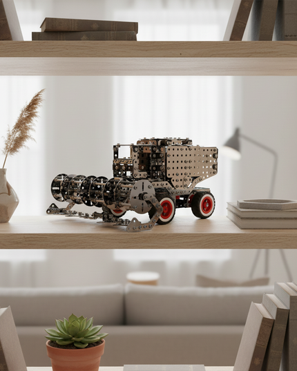 his Mechanical Agricultural Machinery (such as a combine harvester - type) 3D Metal Puzzle Kit from Table Funny features an interlocking metal part design with red-and-white-accented wheels, replicating the structure of a mechanically textured agricultural machine.Table Funny specializes in creating interactive, screen-free build-and-play kits that merge mechanical engineering aesthetics with realistic agricultural machinery designs.