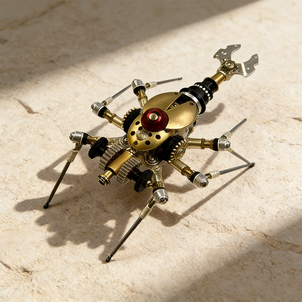 Steampunk puzzle beetle metal model on a sun-dappled stone surface, highlighting its mechanical steampunk design with gears and a detailed segmented body, a fascinating 3D puzzle from metal kits.
