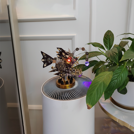  Unique steampunk fish metal model 3D puzzle kit displayed on a pedestal, a great DIY metal model project for any funny table.