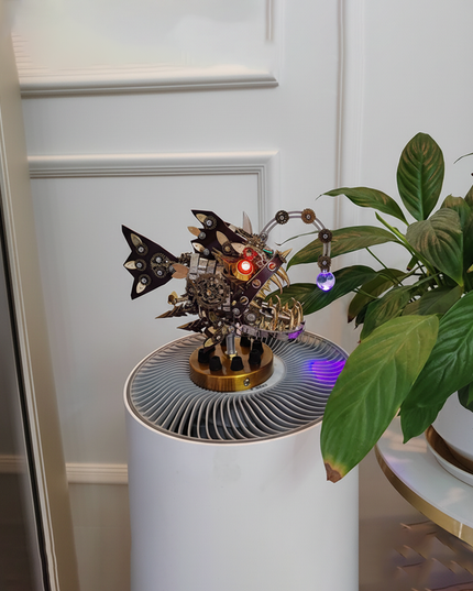  Unique steampunk fish metal model 3D puzzle kit displayed on a pedestal, a great DIY metal model project for any funny table.