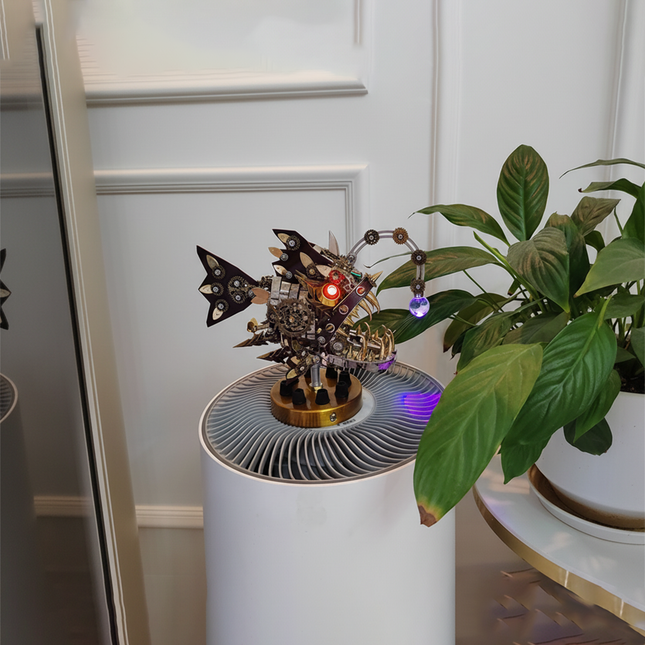  Unique steampunk fish metal model 3D puzzle kit displayed on a pedestal, a great DIY metal model project for any funny table.