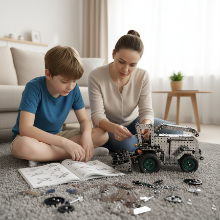 This Mechanical Harvester 3D Metal Puzzle Kit from Table Funny features an interlocking metal part design with green-accented wheels, finely replicating the structure of a real harvester.Table Funny focuses on creating interactive, screen-free assembly and play kits, aiming to promote family interaction and hands-on creativity. In a warm living space where a mother and child collaborate on assembly, this kit blends mechanical engineering aesthetics with agricultural machinery charm.