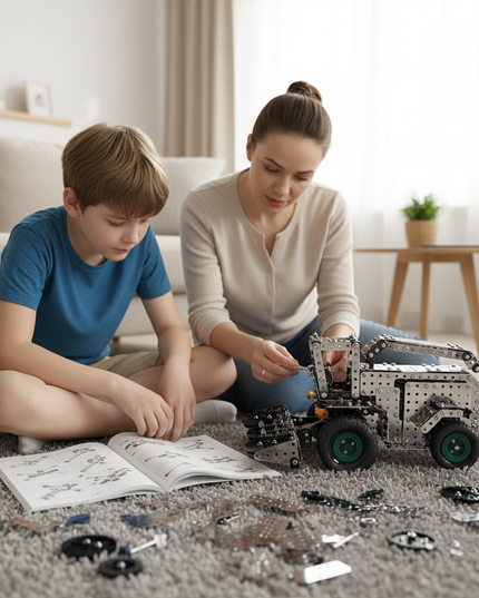 This Mechanical Harvester 3D Metal Puzzle Kit from Table Funny features an interlocking metal part design with green-accented wheels, finely replicating the structure of a real harvester.Table Funny focuses on creating interactive, screen-free assembly and play kits, aiming to promote family interaction and hands-on creativity. In a warm living space where a mother and child collaborate on assembly, this kit blends mechanical engineering aesthetics with agricultural machinery charm.