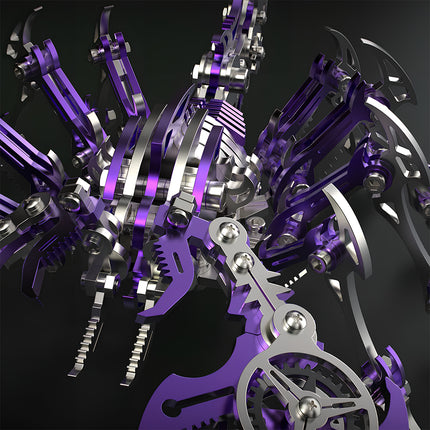 Close-up view of the purple mechanical scorpion's body structure and leg joints, showcasing the complex assembly of this **metal model kit** and **puzzle mécanique métal**.