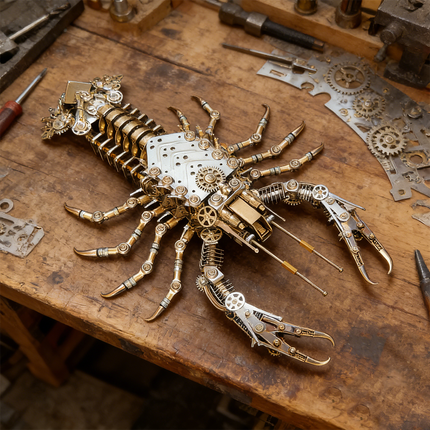 A stunning steampunk mech lobster maquette en metal with intricate golden and silver components, displayed on a rustic wooden workbench amidst tools and gears. This complex 3D metal model kit offers a challenging steampunk puzzle for advanced builders.