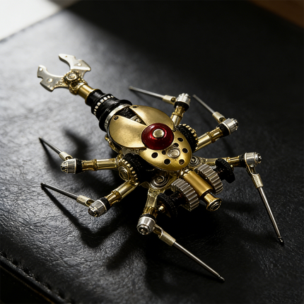Elegant steampunk puzzle beetle metal model on a dark leather background, featuring golden and silver components with a prominent red gem, exemplifying sophisticated mechanical steampunk from 3D puzzle Metal Kits.