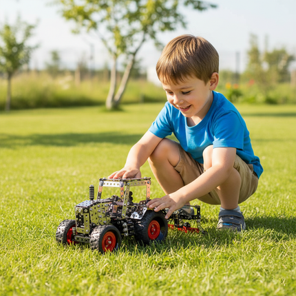 This Mechanical Seeder 3D Metal Puzzle Kit from Table Funny features an interlocking metal part design with red-accented wheels, replicating the structure of a pastoral-style seeder.Table Funny specializes in creating interactive, screen-free build-and-play kits that merge mechanical engineering aesthetics with pastoral seeder designs. In an outdoor lawn setting where a child plays intently, this kit demonstrates great outdoor playability