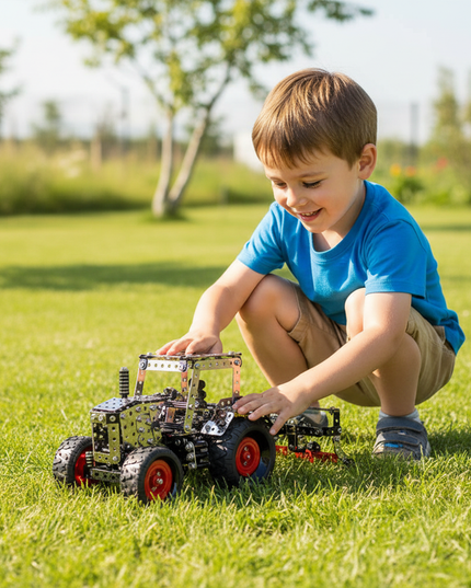 This Mechanical Seeder 3D Metal Puzzle Kit from Table Funny features an interlocking metal part design with red-accented wheels, replicating the structure of a pastoral-style seeder.Table Funny specializes in creating interactive, screen-free build-and-play kits that merge mechanical engineering aesthetics with pastoral seeder designs. In an outdoor lawn setting where a child plays intently, this kit demonstrates great outdoor playability