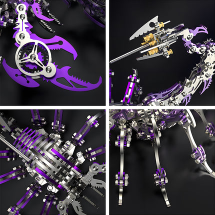 Detailed macro shots of the purple **maquette en metal** scorpion, highlighting the violet coating and stainless steel structure of this DIY **puzzle métallique 3d**.