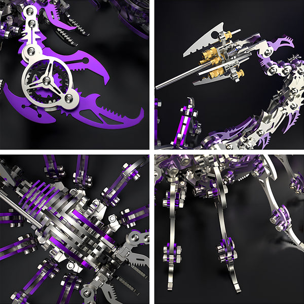 Detailed macro shots of the purple **maquette en metal** scorpion, highlighting the violet coating and stainless steel structure of this DIY **puzzle métallique 3d**.