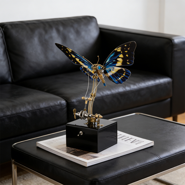  Elegant mechanical steampunk butterfly metal model with vibrant blue wings, mounted on a display stand, showcasing a beautiful steampunk puzzle, perfect for 3D puzzle Metal Kits enthusiasts.