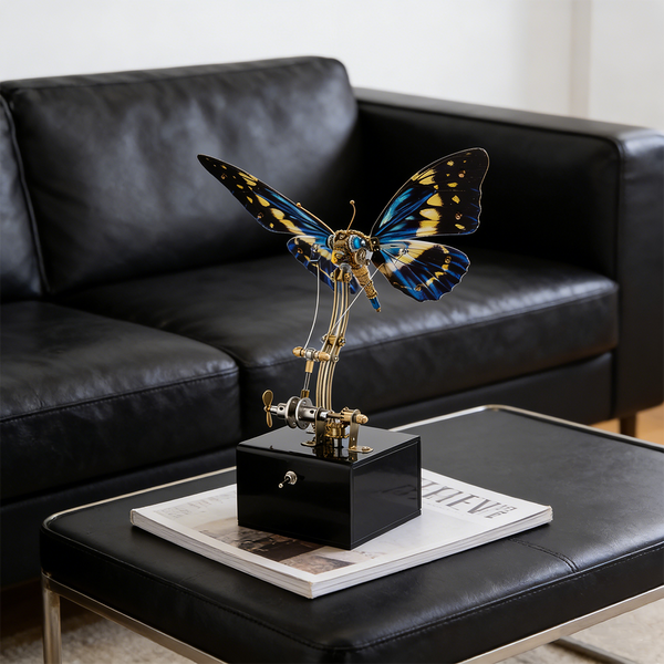  Elegant mechanical steampunk butterfly metal model with vibrant blue wings, mounted on a display stand, showcasing a beautiful steampunk puzzle, perfect for 3D puzzle Metal Kits enthusiasts.
